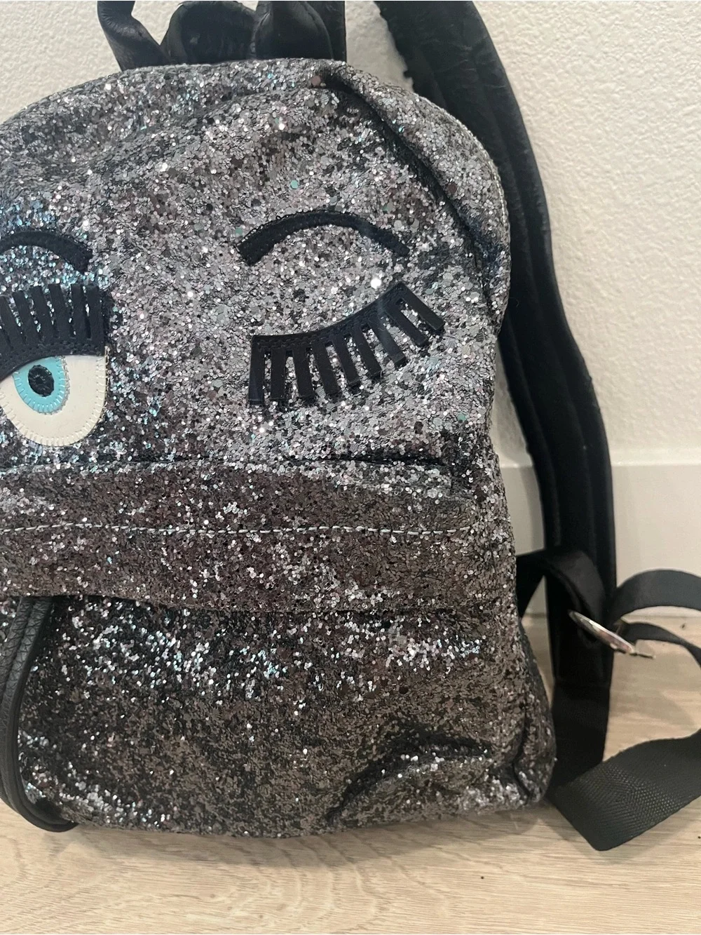 Chiara Ferragni Flirting Glitter Backpack Dark Silver Black Eye Leather Mini